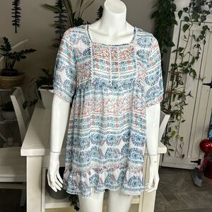 MIGNON L sheer, short sleeve Boho floral bathing suit cover/ dress/ long shirt